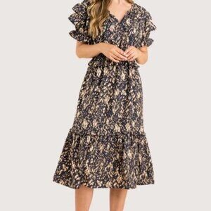 THML Jasmine Ruffled Tiered Midi Print Dress - L